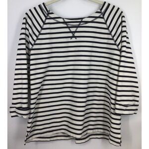 Coastal Nautical Raglan Style Black White Striped Boatneck Pullover Top Size XL